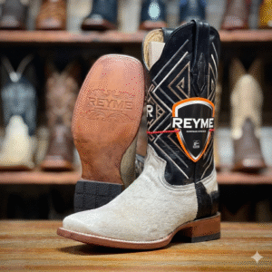 Reyme Men’s Cowhide Hair-On Cowboy Boots – Black & White Square Toe Western Boots