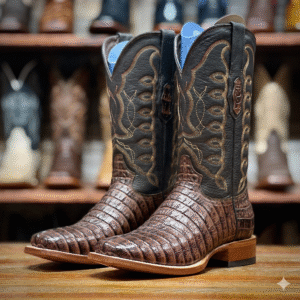 Reparo Exotic Print Cowboy Boots – Brown Caiman Style Square Toe
